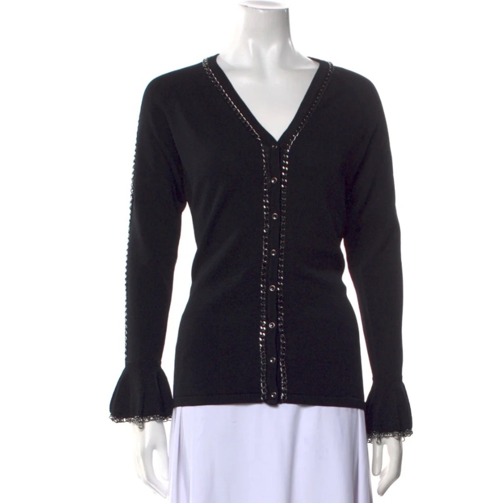 Anne Fontaine Cardigan Black Chain-Link Accents Long Sleeve with V-Neck